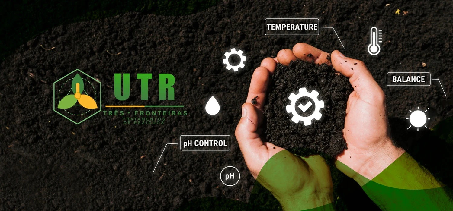 Biochar nas mãos com indicadores de temperatura, equilíbrio, pH e umidade